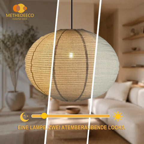 20 Inch Natural Linen Plug In Pendant Light With 16 Foot Cord And E26 Socket Renter Friendly No Sweat Setup displayed in a cozy living room setting.
