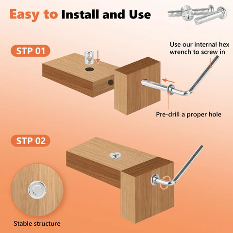 Installation guide for Heavy Duty 58pc M6 Crib Screws Hardware Kit Zinc Plated Bolts Nuts Set with allen wrench and wood pieces.