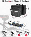 34L Waterproof Bike Pannier Bag With Rain Cover For Rear Rack, black saddle bags with fit dimensions shown, compatible with most bikes