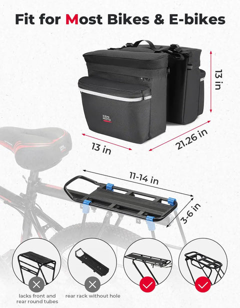 34L Waterproof Bike Pannier Bag With Rain Cover For Rear Rack, black saddle bags with fit dimensions shown, compatible with most bikes