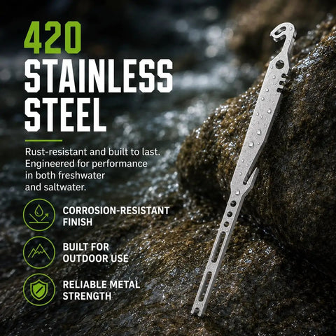 6-In-1 Stainless Steel Fishing Tool Hook Remover With Quick Hook Extraction, Knot Tying, Lead Rolling And Line Handling, Pro-Grade All-In-One Gear For Safe Hands-Free Catch And Release. 420 stainless steel tool on wet rocks