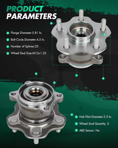Rear Left And Right Wheel Bearing And Hub Assembly 512373 For Nissan Juke 2011 2017 And Nissan Rogue 2008 2020 AWD Without ABS, showing flanges and specifications.