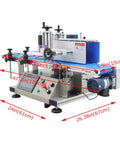 Fast Track Automatic Desktop Conveyor Round Bottle Labeler Plug And Play 110V with dimensions for 4 to 10 cm bottles and jars.