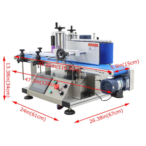 Fast Track Automatic Desktop Conveyor Round Bottle Labeler Plug And Play 110V with dimensions for 4 to 10 cm bottles and jars.