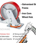 Heavy Duty Swivel Caster Set Of Four With Locking Brakes Silent Polyurethane Wheels showing a red wheel on galvanized steel frame.