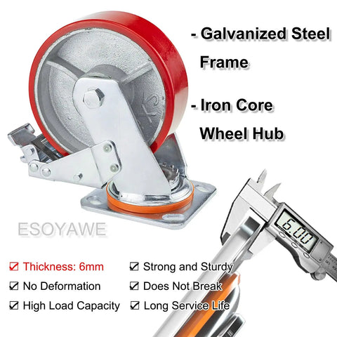 Heavy Duty Swivel Caster Set Of Four With Locking Brakes Silent Polyurethane Wheels showing a red wheel on galvanized steel frame.