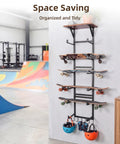 Multi Deck Skateboard Rack Wall Mount Display Hanger With Solid Wood Top Shelf And Rubber Grip Pads securing multiple boards and helmets.