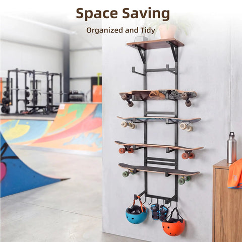 Multi Deck Skateboard Rack Wall Mount Display Hanger With Solid Wood Top Shelf And Rubber Grip Pads securing multiple boards and helmets.