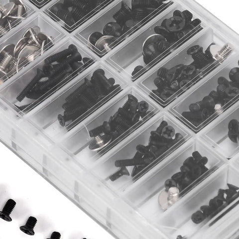 Heavy Duty Alloy Steel Computer Screw Kit 360 Piece Assortment Featuring M2 M2.5 M3 Cross Heads For Pc Case Motherboard And Drives in storage box.