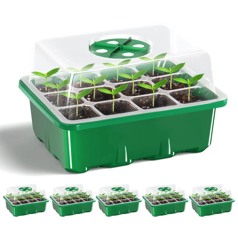 5 Pack Seed Starter Trays With Adjustable Humidity Dome And Base Indoor Greenhouse Mini Propagator, 12 Cells Per Tray, Clear