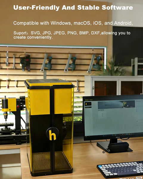 D1 Ultra 30W Fiber and 20W Diode Dual Laser Engraver With 16MP Auto Position Camera on desk with computer monitor.