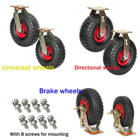 Heavy Duty Pneumatic Caster Wheels With Tubeless Natural Rubber Tires Rock Solid Swivel Base features universal, directional, and brake wheels with mounting screws.