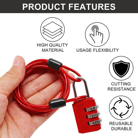 Red Six Point Six Feet Double Loop Security Cable Lock With Two Point Five Millimeter Braided Steel Construction And Three Digit Combination Lock For Bike Luggage Outdoor Gear And Clothesline Two Pack held in hand showcasing product features.
