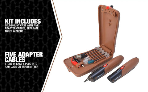 Super Handy Tone Probe Kit For Tracing Cables Behind Walls Fast With On Board Test Lead Storage Built In Flashlight Signal Strength Indicator And Comes Packed In A Sturdy Nylon Case For Any Electrician showing open case with tools.
