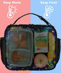 Insulated Lunch Bag With Shoulder Straps For Office Travel School Keeps Food Fresh With A Dope Lightning Bolt Design, front view with meal containers