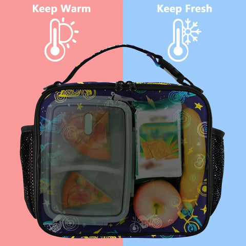 Insulated Lunch Bag With Shoulder Straps For Office Travel School Keeps Food Fresh With A Dope Lightning Bolt Design, front view with meal containers