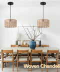 Dining room with Woven Pendant Light Boho Chandelier With Hemp Rope And Rattan Elements, Rustic Farmhouse Vibe, 15.7 Inch Diameter