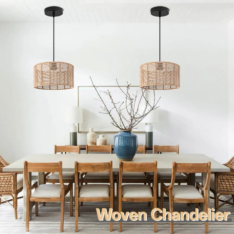 Dining room with Woven Pendant Light Boho Chandelier With Hemp Rope And Rattan Elements, Rustic Farmhouse Vibe, 15.7 Inch Diameter