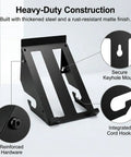 Heavy Duty Circular Saw Wall Mount Holder For Garage And Workshop Grab And Go Ready Universal Fit For Corded And Cordless Saws Space Saving Metal Storage Rack Organizer For Quick Access And Neat Tools with features highlighted.
