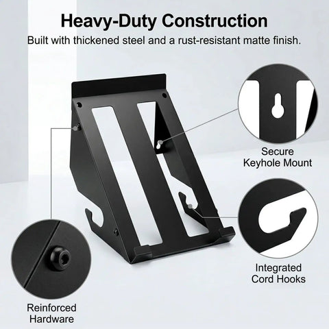 Heavy Duty Circular Saw Wall Mount Holder For Garage And Workshop Grab And Go Ready Universal Fit For Corded And Cordless Saws Space Saving Metal Storage Rack Organizer For Quick Access And Neat Tools with features highlighted.