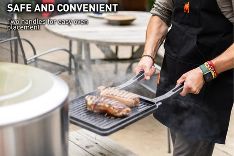 Person using Pi Cast Iron Three Piece Cookware Set with Round Skillet and Reversible Grill Griddle Removable Handles for grilling