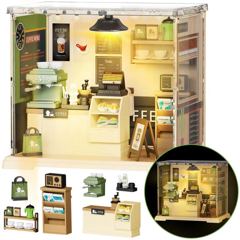 LED Coffee Shop Mini Model Kit for DIY Dollhouse Enthusiasts showing a cozy cafe interior with LED glow, rich accessories included.
