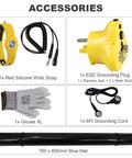 ESD grounding kit accessories including wrist strap, plug, gloves, grounding cord, and rolled blue mat for electronics repair.