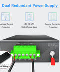 Industrial 5-Port PoE Gigabit Din Rail Ethernet Switch with 65W total PoE power, reverse connection protection, and dual power inputs.