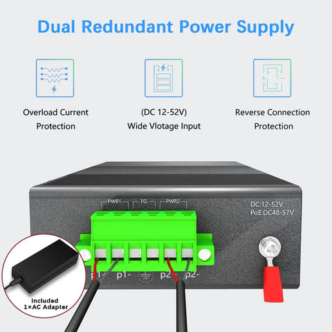 Industrial 5-Port PoE Gigabit Din Rail Ethernet Switch with 65W total PoE power, reverse connection protection, and dual power inputs.