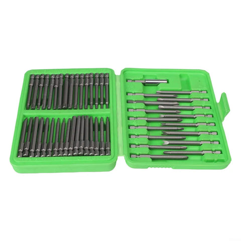 Check Out This Epic 50 Piece Extra Long Reach Screwdriver Bit Set That Nails Deep Recess Jobs In HVAC Auto And Electrical Repair While Handling High Torque Without Bending For Serious Impact Driver Pros. 50-piece long reach steel bits in green case.