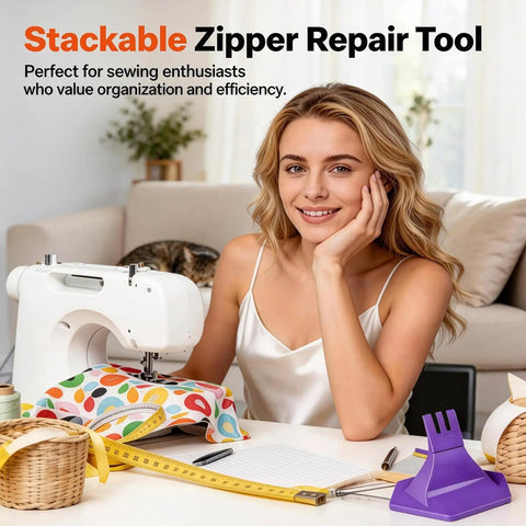 Smooth Operator Three Prong Zipper Jig Sewing Tool For Size 3 And 5 Fasteners, No Sweat Pull Installation Aid For Clothing Repair And Tote Bag Crafting, Durable Purple Handmade Needlework Companion at a sewing table.