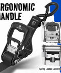 Heavy Duty Ratchet Straps 1.5 Inch By 15 Feet Locking S Hooks with ergonomic handle and spring-loaded latch mechanism.