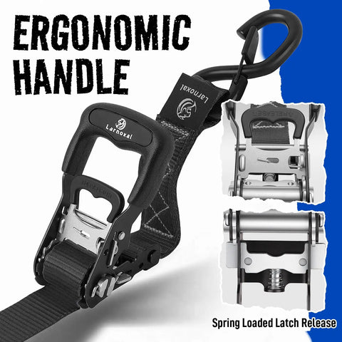 Heavy Duty Ratchet Straps 1.5 Inch By 15 Feet Locking S Hooks with ergonomic handle and spring-loaded latch mechanism.