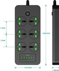 Power Strip With 6 Universal Outlets And 3 USB-C Ports Plus USB-A, 11-Device Charging, 3000W Overload Protection, black dimensions
