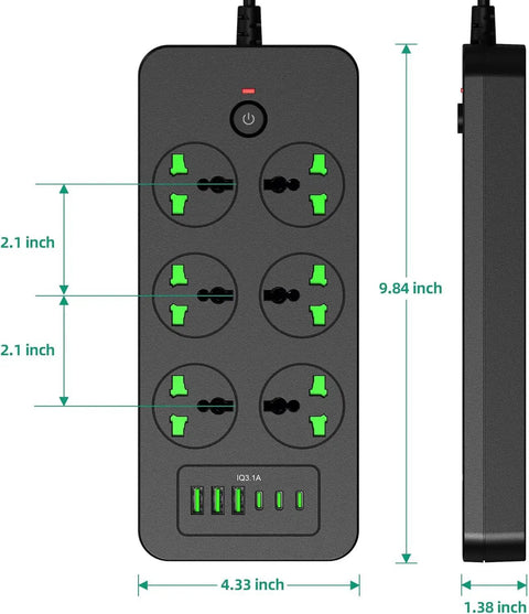 Power Strip With 6 Universal Outlets And 3 USB-C Ports Plus USB-A, 11-Device Charging, 3000W Overload Protection, black dimensions