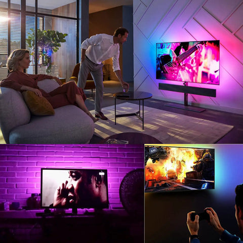 LED TV Backlight Strip 32.8Ft USB Powered With Remote for 40 To 75 Inch TVs Behind The Screen in a gaming setup