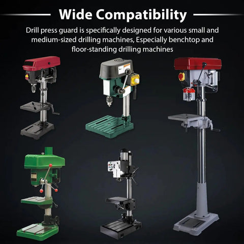 Various drill press machines showcasing the Drill Press Guard With Flip Shield For 2 To 4 Inch Column Diameters Fits Benchtop And Floor Model Drills Durable Safety Shield For Safer Work Quick Access And Cleaner Operation.