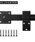 Sturdy Six Inch Farm Flip Fence Gate Latch And Barn Door Lock Flip Latch Hardware In Matte Black with screws visible