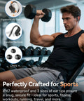 Man lifting weights using Wireless Earbuds With Bluetooth 5.4, 80 Hour Playtime, Sport Hooks, Noise Canceling, IPX7 Waterproof, Jet Black.