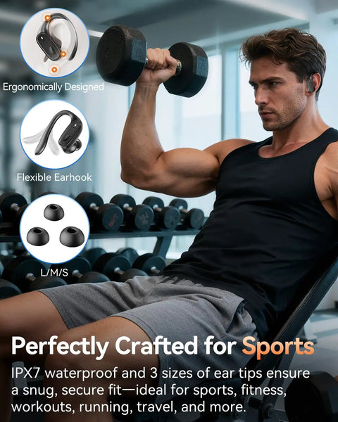 Man lifting weights using Wireless Earbuds With Bluetooth 5.4, 80 Hour Playtime, Sport Hooks, Noise Canceling, IPX7 Waterproof, Jet Black.