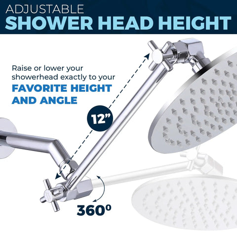 12 Inch Adjustable Shower Arm With Shark Teeth Locking Joints, Tough As Nails All Metal Chrome Extension Bar rotating 360 degrees