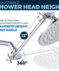 16 Inch Adjustable Shower Arm With Shark Teeth Locking Joints, Heavy Duty Brass Extender in chrome finish with showerhead attached