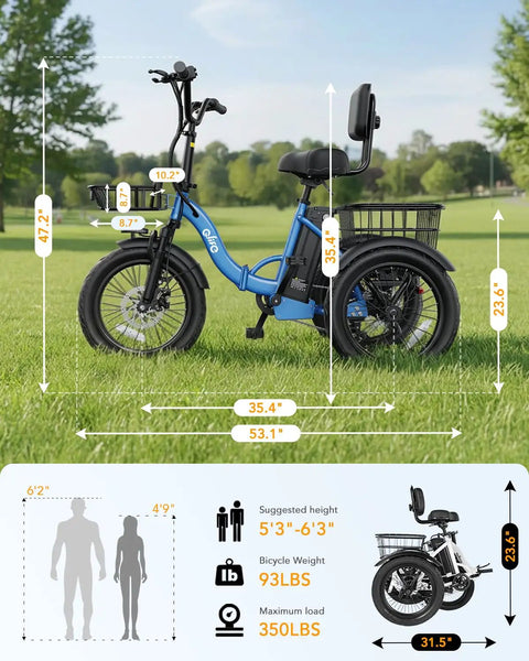 Beast 1200W Folding Electric Trike For Adults With Removable 48V 10.4Ah Battery, 3 Wheel E Bike With 20 Inch Tires, dimensions shown
