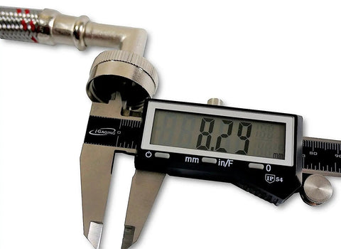 Caliper measuring Heavy Duty Double Elbow Stainless Steel Washing Machine Hoses, 90-degree connector detail