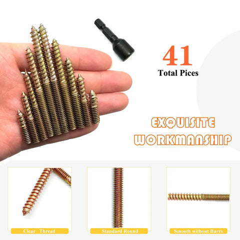 Killer 41 Piece Hanger Bolt Set With 1/4 20 Threads And Assorted One To Three Inch Lengths in hand with driver