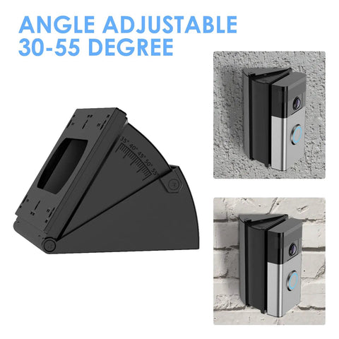 Adjustable 30 To 55 Degree Doorbell Angle Mount for Ring Blink and Battery Models, showing wedge design and installation examples.
