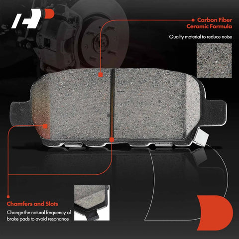 Close-up of ceramic brake pad from 11.49 Inch Rear Drilled And Slotted Disc Brake Rotors And Ceramic Pads Kit For Nissan And Infiniti Models Stops Like A Boss G35 350Z Juke Leaf Rogue Select Sport And X Trail, showcasing chamfers.