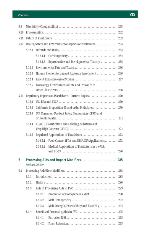 Image of a table of contents from Vinyl Chemistry Mastery Second Edition A Practical Handbook On PVC From Monomer Manufacture To Polymerization Stabilizers Lubricants Plasticizers Additives Processing Techniques And Real World Applications.