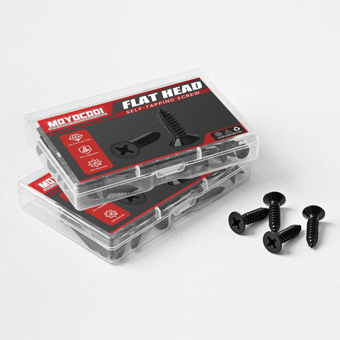 Top Shelf 304 Stainless Steel Flat Head Sheet Metal Screws 50 Pack Phillips Drive in clear packaging with black oxide screws.