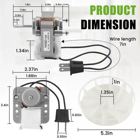 Vent Bath Fan Motor Replacement For NuTone 655 657 658 679 Exhaust Fans, 70 CFM, with dimensions